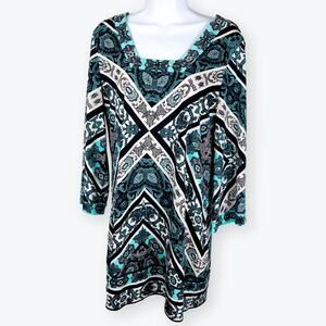 Alfani Teal Black Cream Jersey Knit Shift Dress M